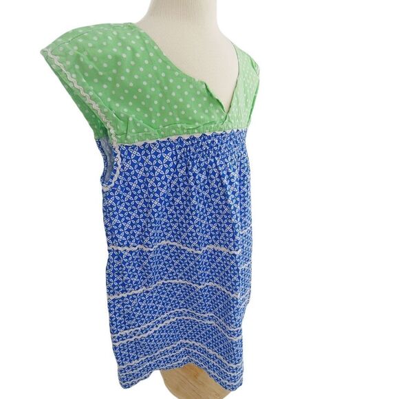 Smocking & rickrack green polka dots & blue cotton dress size 6 - Picture 2 of 9